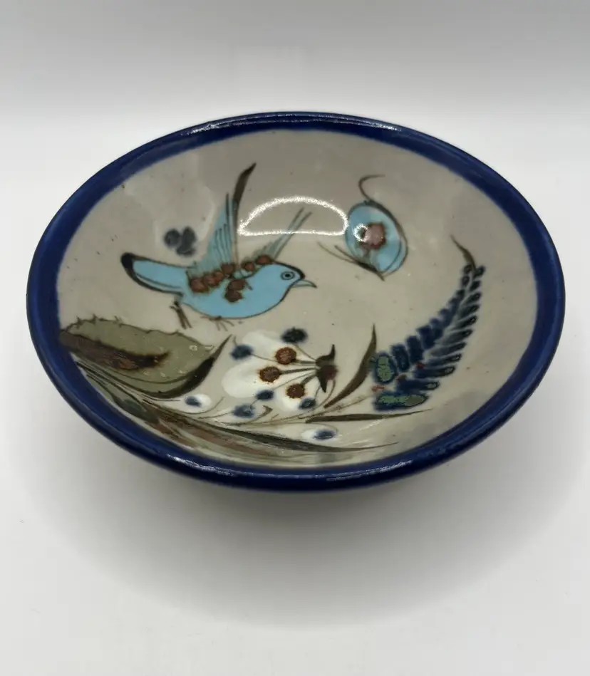 Vintage Signed Ken Edwards Mexican Pottery Bowl Bird Butterfly Floral Tonala Mexico