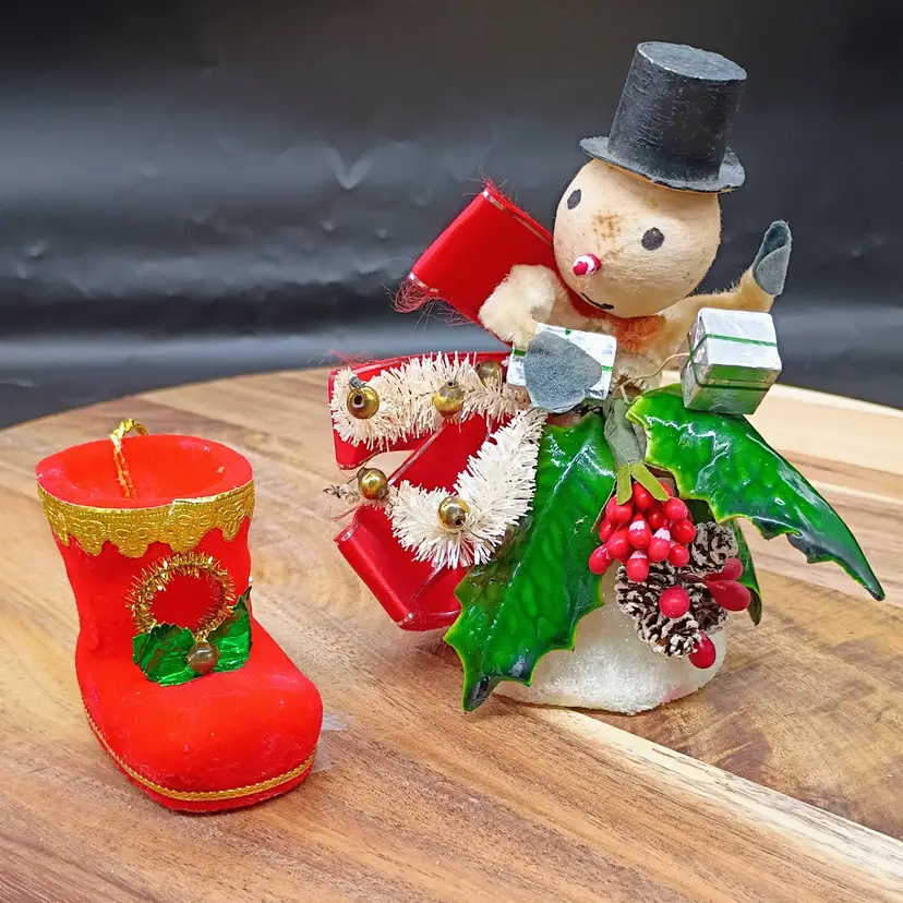 Vintage Chenile Styrofoam Snowman  & Felted Foam Core Santa Boot Ornaments