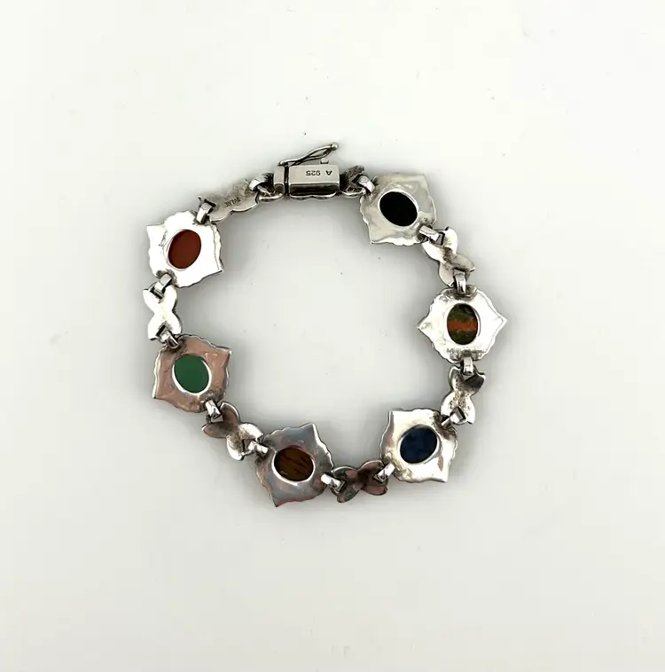 Sterling Silver Marcasite Carved Gemstone Scarab Bracelet 7.25”