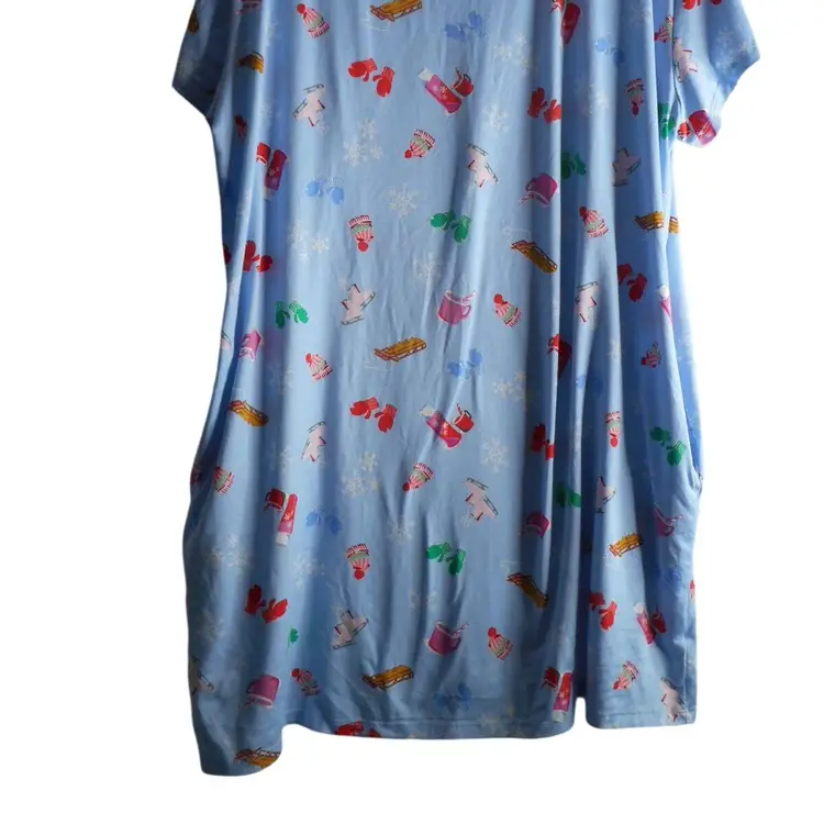 Joyspun Nightgown Nightshirt Sleepwear pockets Blue winter Sz L / XL sled snow