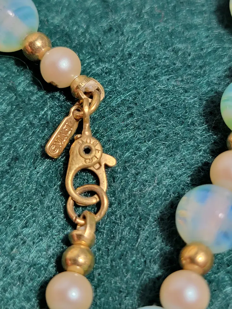 Vintage Monet bluish green beaded necklace with gold and pearl accent beads