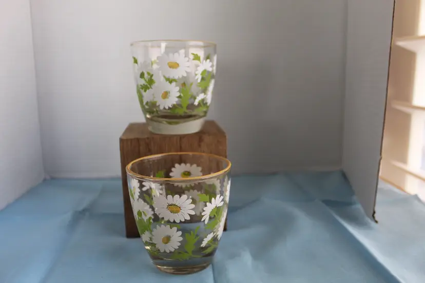 Vintage Libbey White Daisy Glasses Yellow Rim Juice Lowball Set Of 2 MCM Floral