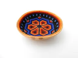 Huichol Ceremonial Mini Gourd Bowl Beaded Flower Design Mexico Artisan Folk Art