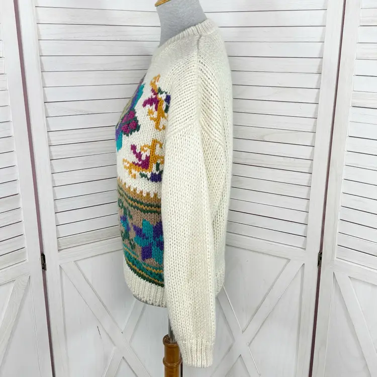 Vintage Rafferty 80s 90s Floral Chunky Knit Sweater Ivory Large Crewneck