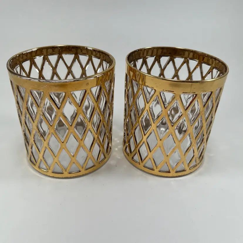 Set Of 2 Imperial Glass Sekai Ichi Gold Rocks Glasses, Lowball Tumblers, Vintage Barware