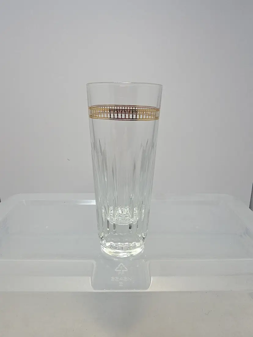 Vintage Clear Glass Tapered Ribbed Bud Vase Gold Rim Cut Panel 5 3/8" (N)