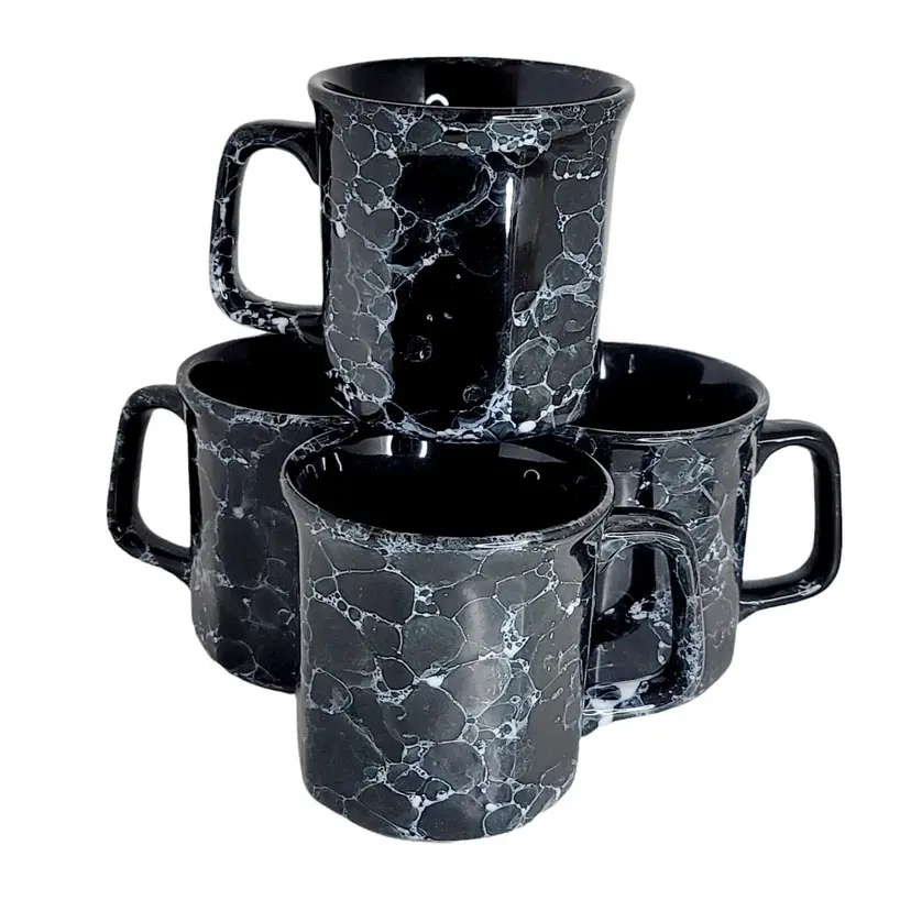 Set of 4 Vintage Marble Bubble Black And White Mugs