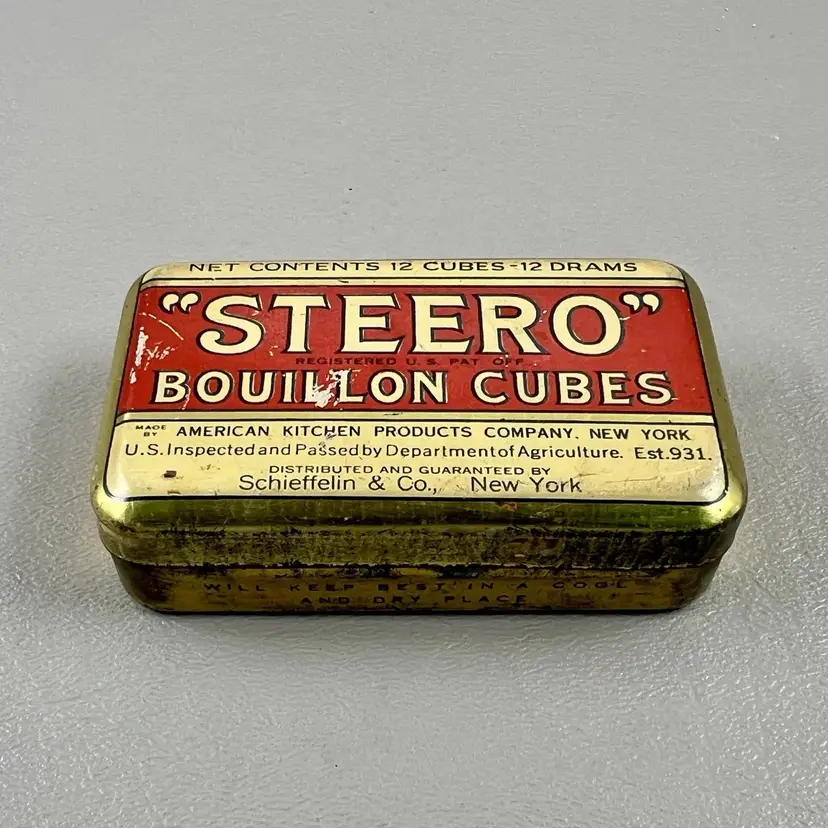 Vintage Steero Boullion Cubes EMPTY Gold Red Tin 3" Schieffelin Co New York