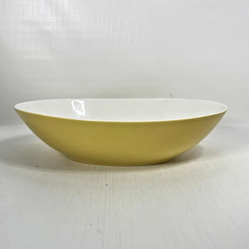 Japan Kokura Ware Iron Stone Oval Serving Bowl Marigold Yellow 1950s Vintage