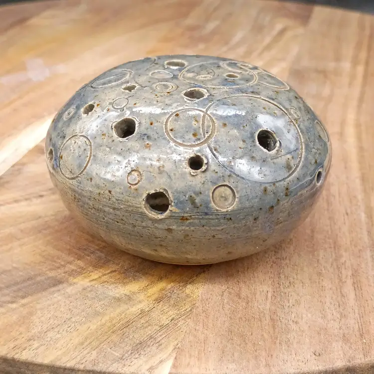 Studio Art Pottery Lunar Moon Scape Carved Design Signed Flower Frog