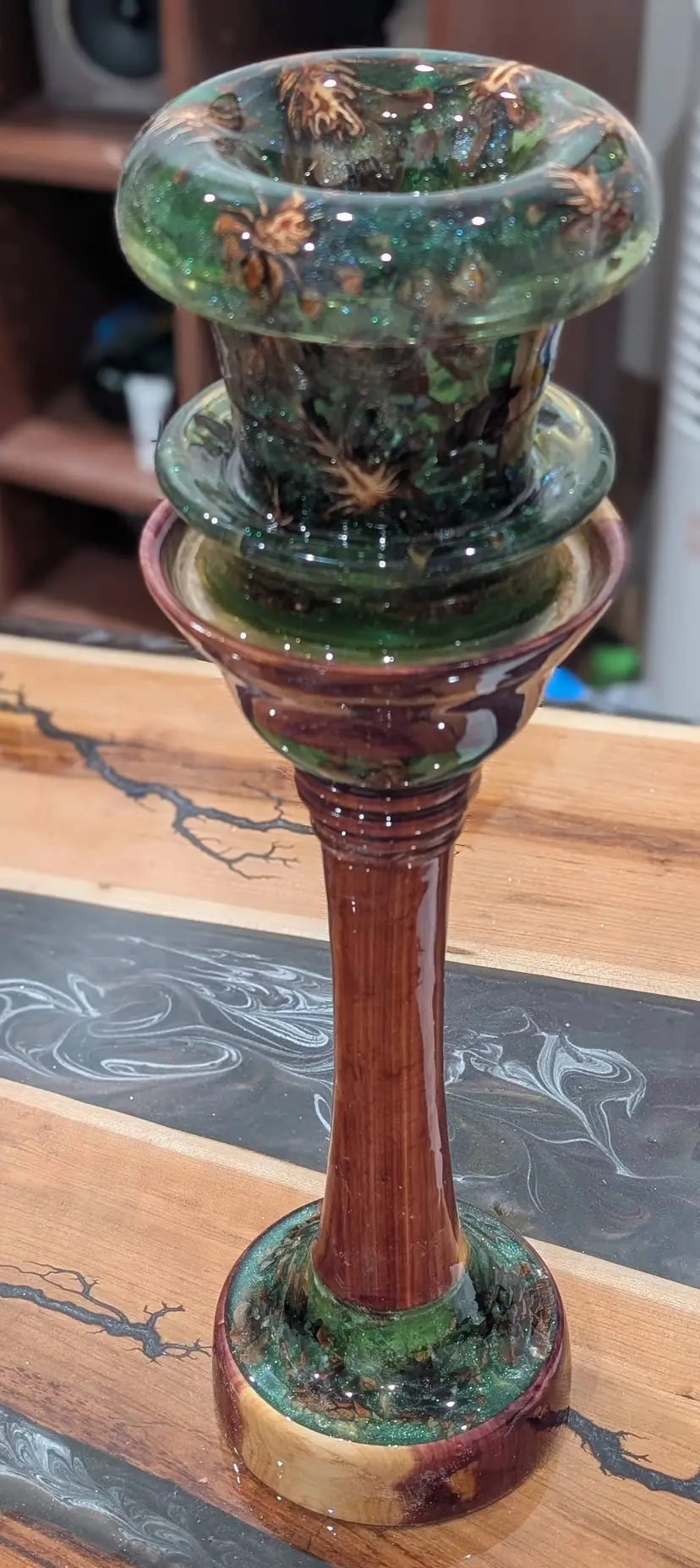 Tall vase made of red cedar and epoxy resin