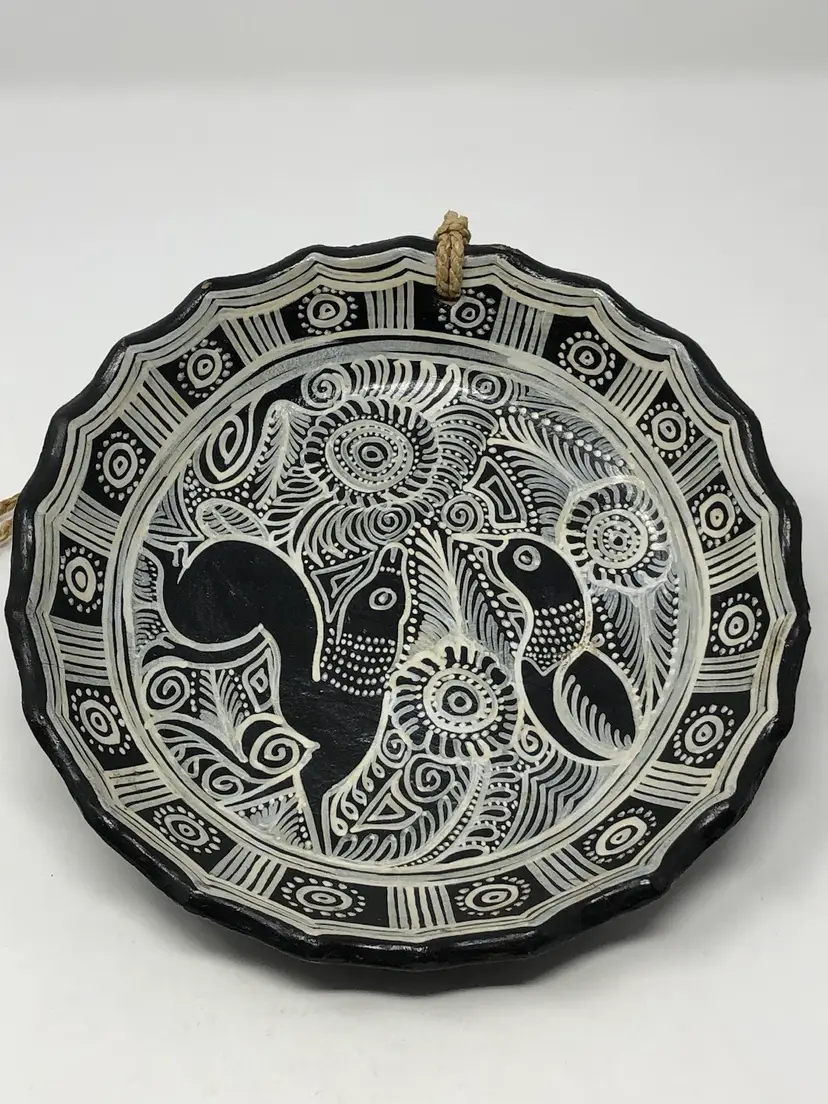 Black and White Pottery Hanging Plate with Bird and Squirrel
