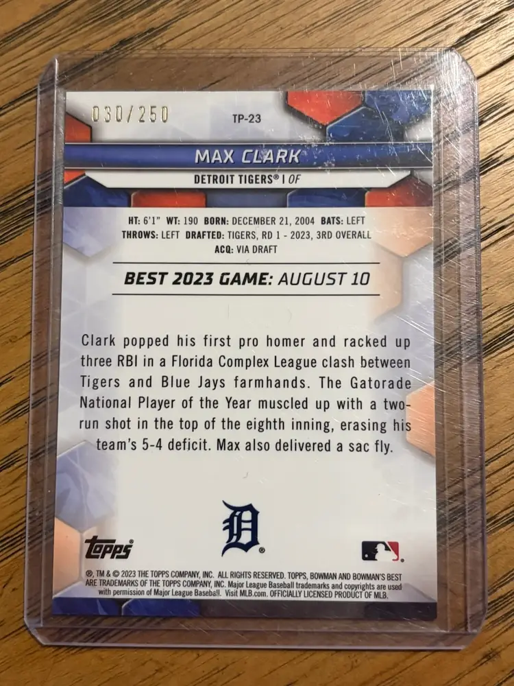 Max Clark 2023 Bowman’s Best Purple Refractor /250 Detroit Tigers