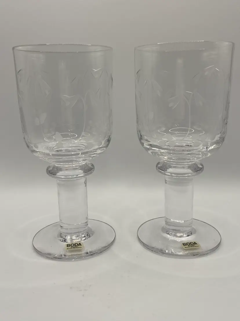 Very Hard To Find, Vintage Monica Backstrom For Boda, βLinneaβ Pattern Etched Wine Glass Set, Original Box, Made In Sweden