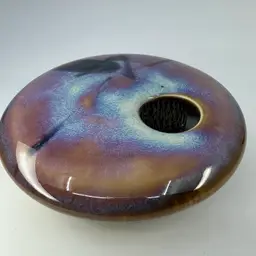 Vintage Ikebana Ceramic Pottery Blue Metal Flower Frog Vase Handmade Signed