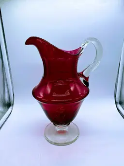 Large Faceted Cranberry Art Glass Pitcher
