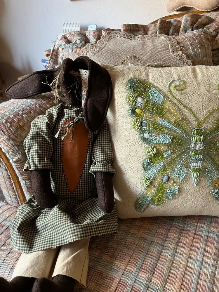 #01 Primitive Chocolate Colored Bunny w/ Darling Green/Ivory Gingham Dress w/ Carrot on it