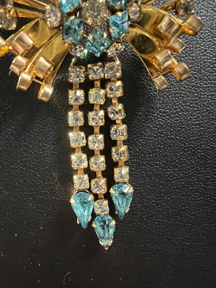 Vtg Deco 12K GF Blue Clear Rhinestone Brooch/Pendant W/Chain Dangles Signed M&S 20” Chain, Unmarked , Missing Pin Arm