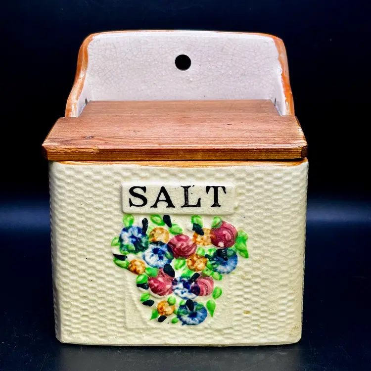 Wood and Ceramic Hinged Salt Box 5.5”x5”
