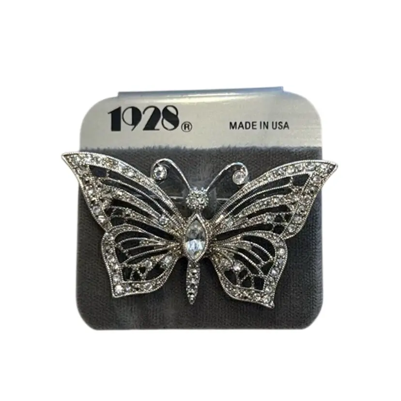 Vintage 1928 Brand SilverTone Rhinestone Butterfly Brooch New on Card, 2”