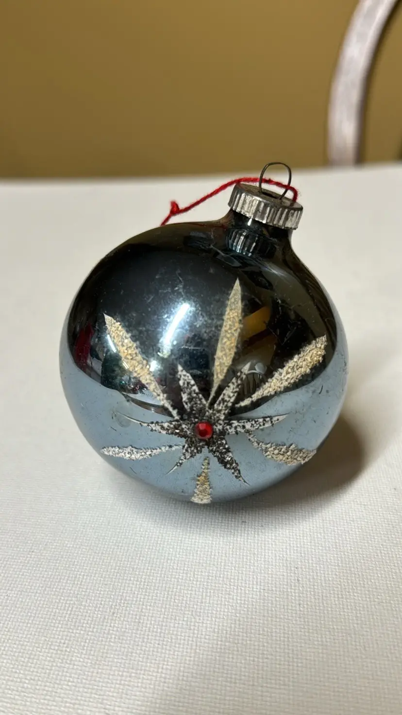 West Germany Hand Painted Blown Glass Ornament Blue W/White Flower and red gems