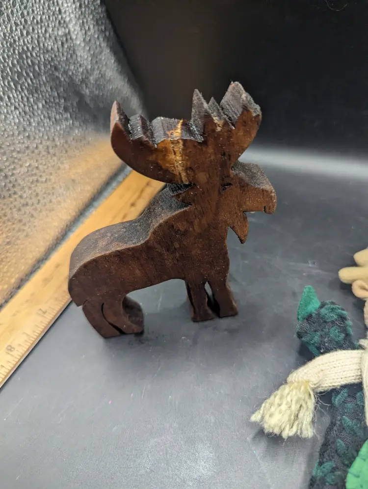 Lot Of 3 Moose Themed Items Bookmark, Schleich And Handmade Wood Figurines