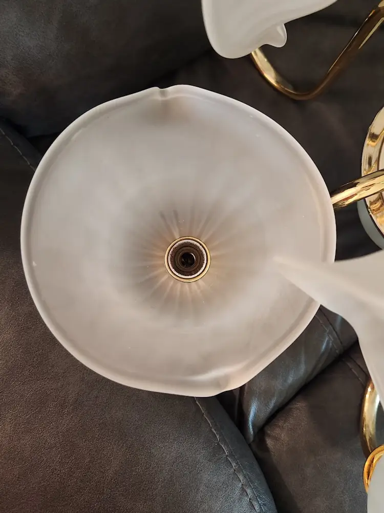 Vintage 1970 Murano Frosted Glass and Brass Chandelier Italy