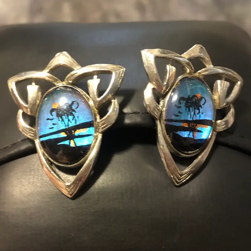 Silver-Tone Morpho Butterfly Wing Tropical Scene Screw-Back Earrings
