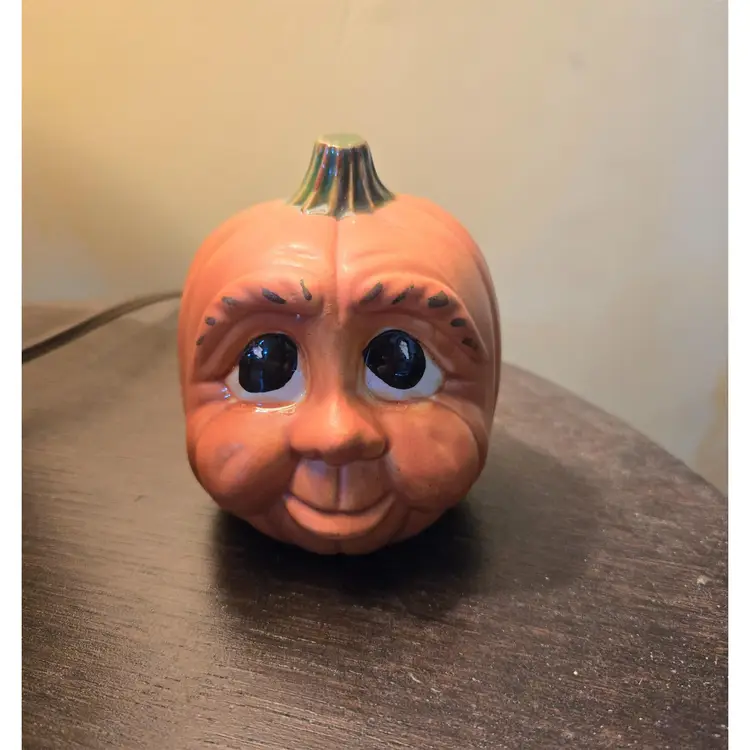 So Cute! Vintage Anthropomorphic Hand Painted and signed Halloween Pumpkin/Jack O' Lantern Big Eyes and Chubby Cheeks! .