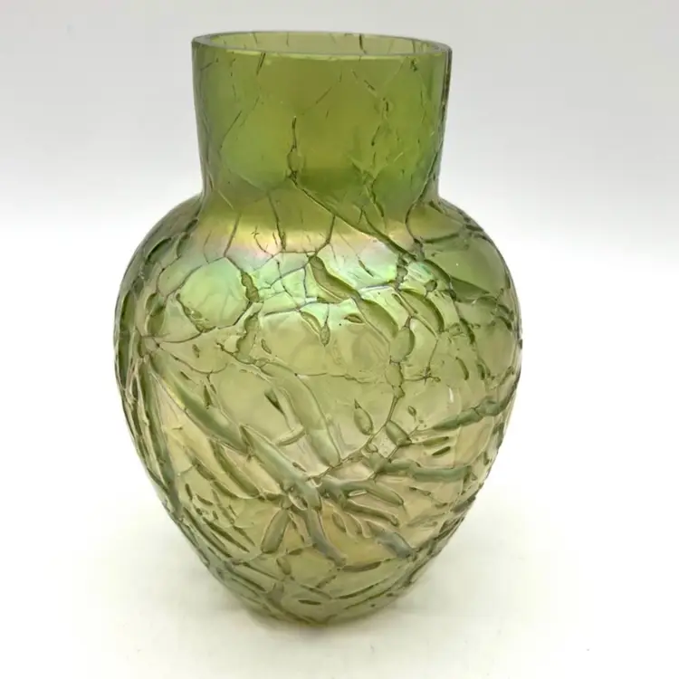 BIN - Vintage Kralik Iridescent Green Crackle Glass Vase 4.75”