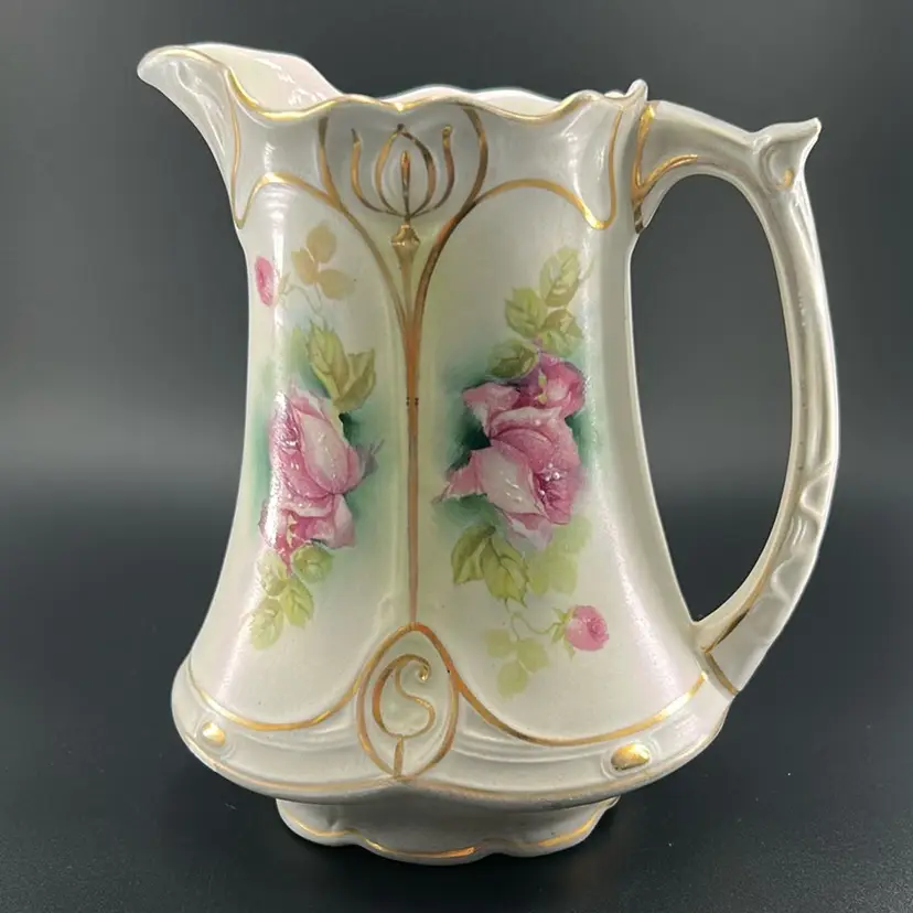 Vintage Japanese Moriage, Handpainted, Floral And Gold Trimmed Pitcher