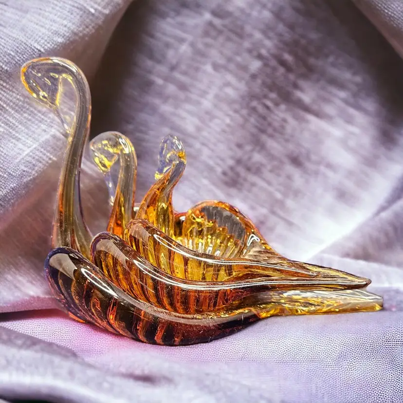 Hand Blown Amber Glass Nesting Swans