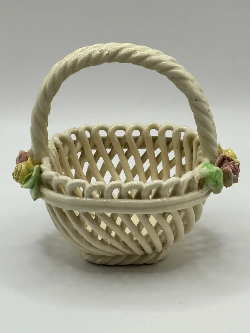 Vintage Italian Capodimonte Woven Lattice Ceramic Basket With Hand Painted Floral Roses Accents, Collectible Home Decor, Signed By Capodimonte, Made In Italy