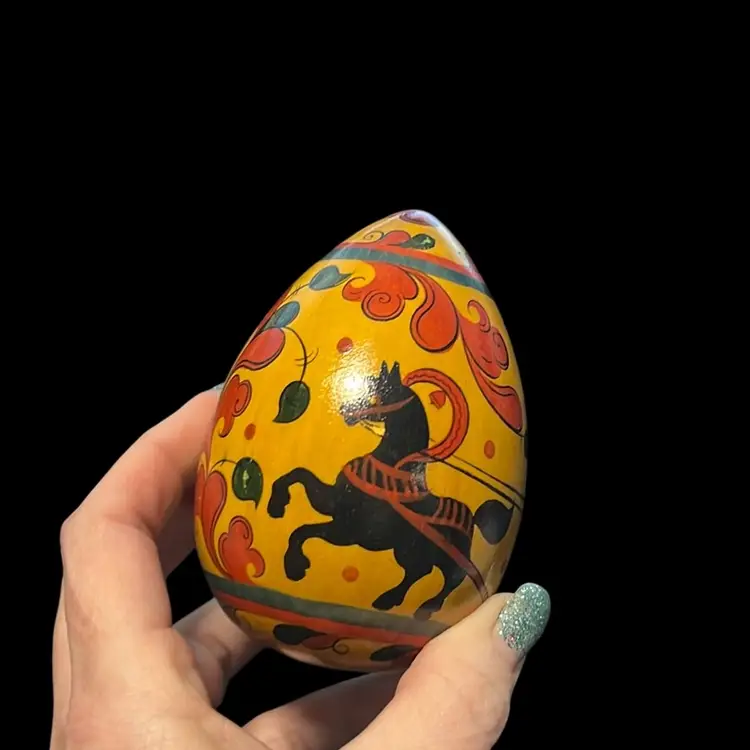Pair Of Two Unique Vintage Ornately hand-painted Russian wooden decorative egg with folk art & Religious motifs.Approximately 4” Long