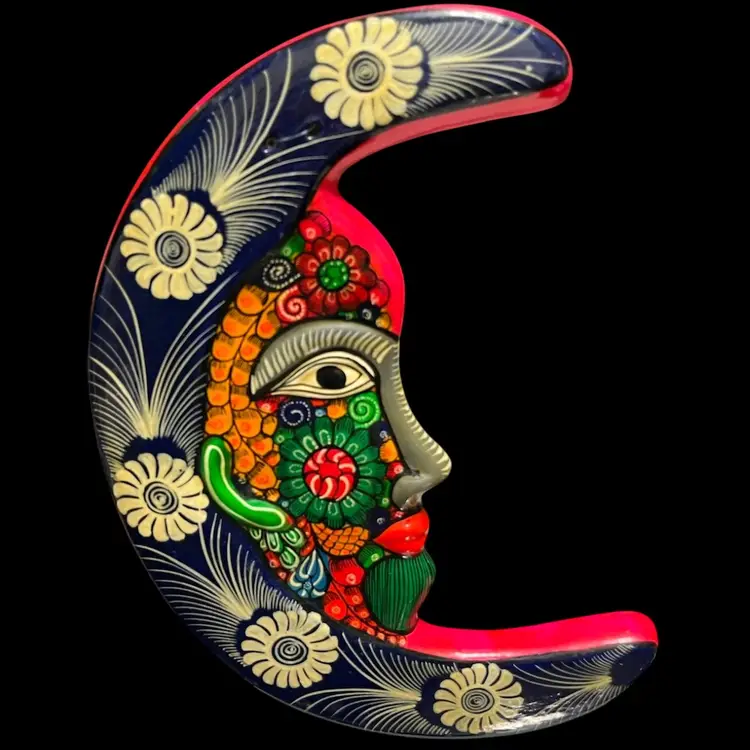 hand-painted- Mexican folk art - terra cotta moon wall hanging- 8.75”