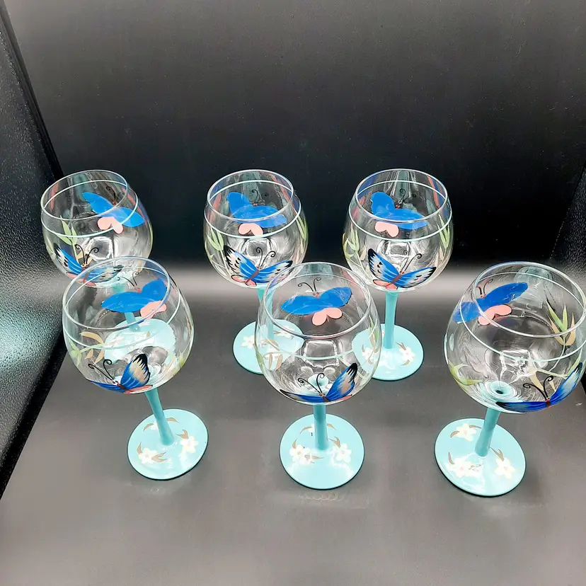 Certified International Susan Winget Handpainted Butterfly Wine Glasses Turquoise Set of 6