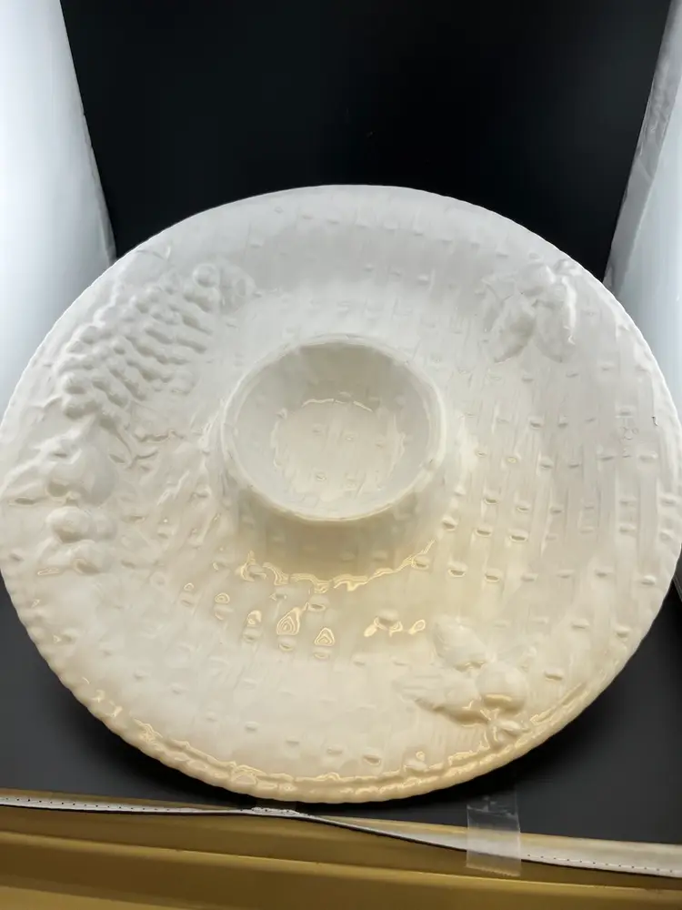 Vintage Loucarte, made in Portugal, beautiful ivory basket weave background with raised fruit, with dip dish