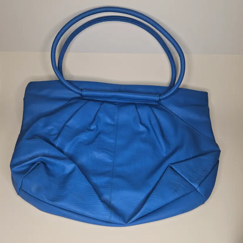 Vintage 80's Bag Bazaar Shoulder Bag Blue Faux Leather Pleated Tote Handbag Used