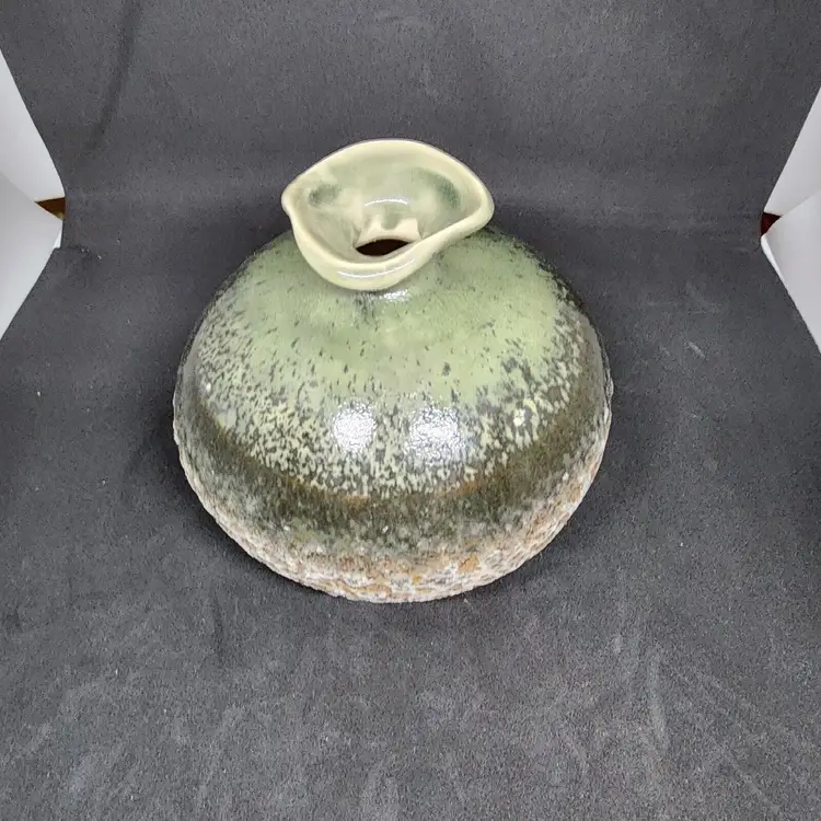 Vintage Studio Pottery Ceramic Green Brown Small Vase with Lava look