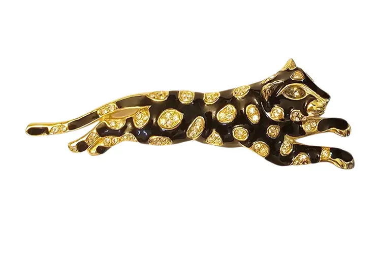Trifari TM Black Enamel Rhinestone Wild Cat Leopard Tiger Panther Brooch Signed