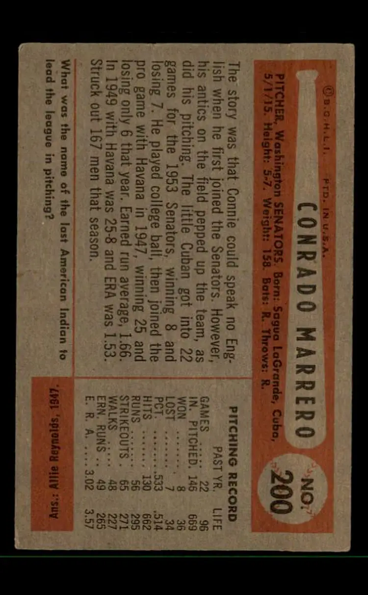 1954 Bowman #200 Connie Marrero - (pk-tl3) - Washington Senators