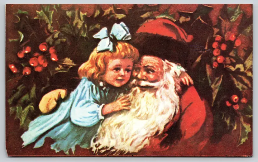 Postcard Christmas Greeting Red Santa Claus Hugs Girl in Blue Dress - 14620