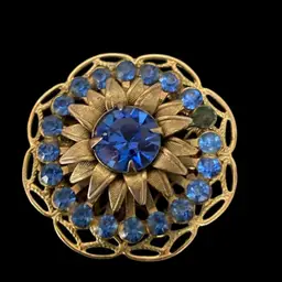 Vintage Pin/ Brooch Blue Rhinestone Gold Trim