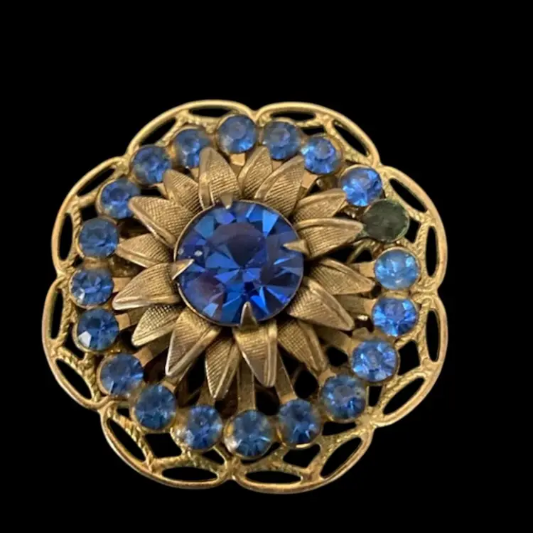 Vintage Pin/ Brooch Blue Rhinestone Gold Trim