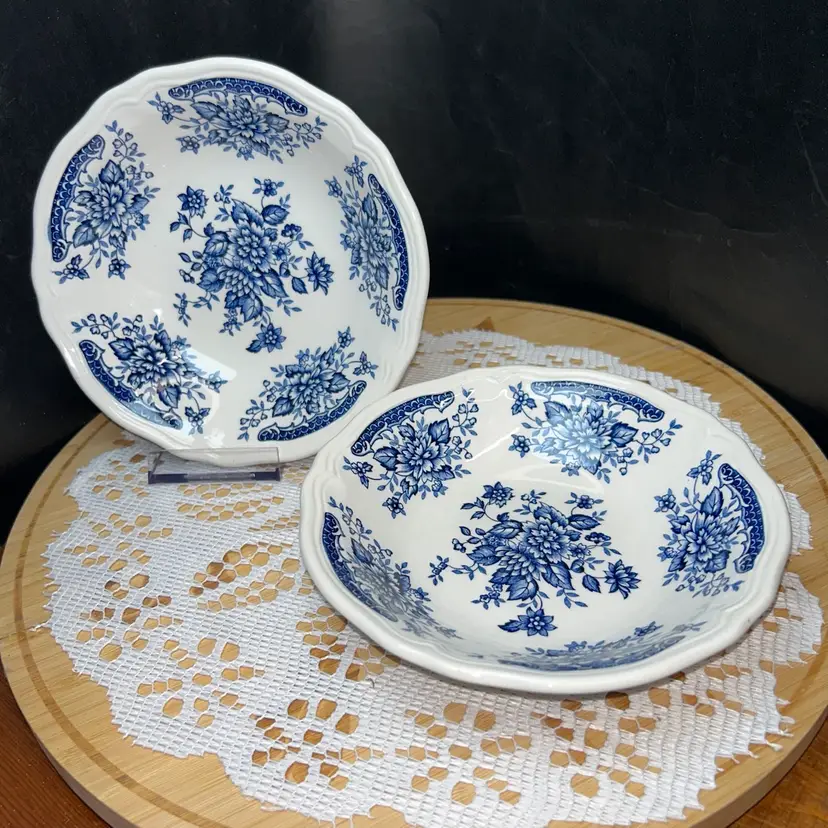 2 Vintage Sears Blue Carnation Ironstone FloralToile Bowls-