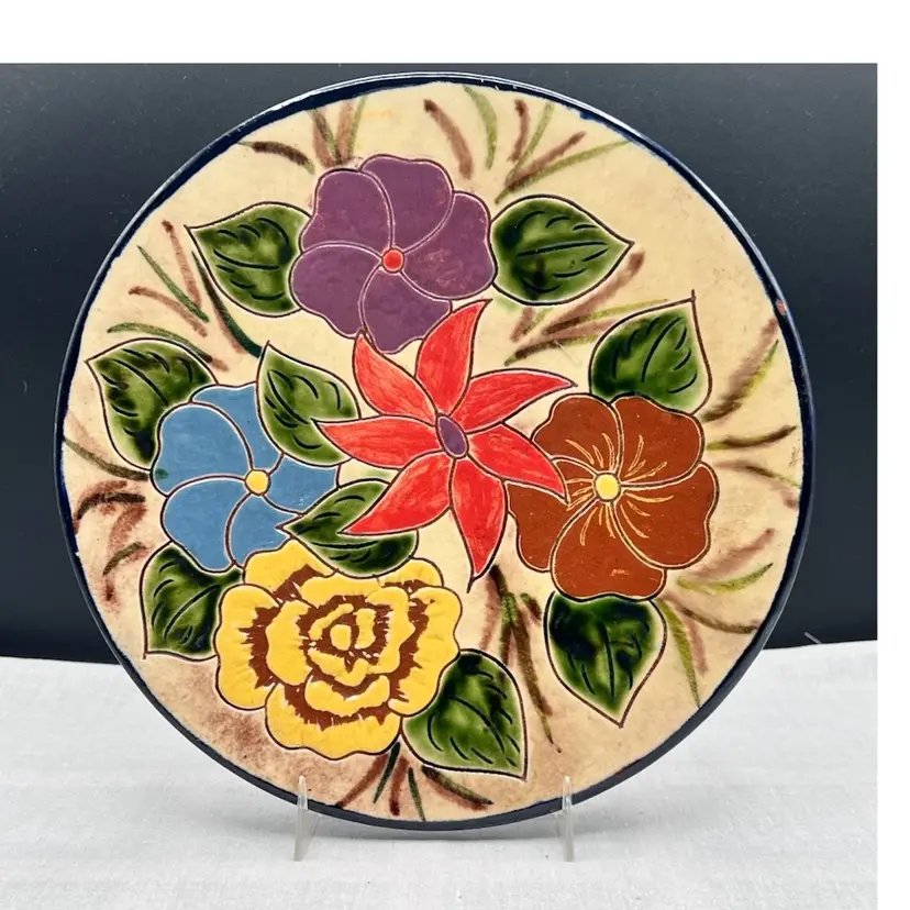 #987B Vintage Majolica Hand Painted Ceramic Red-ware Decorative Plate - Tropical Floral Motif
Made In Spain