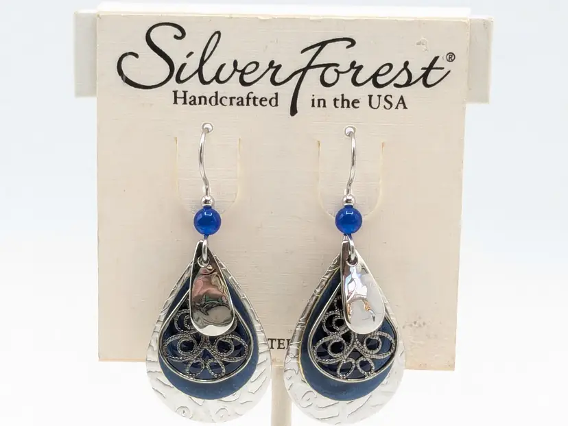 Silver Forest Blue Teardrop Earrings NOS
