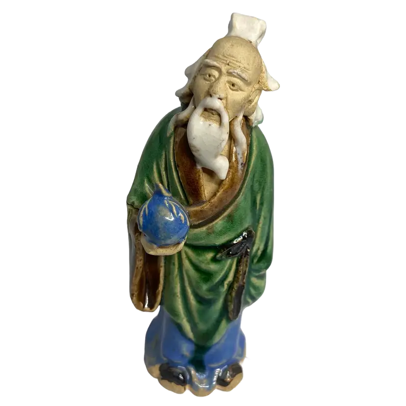 Antique Chinese Handcrafted Mudman Bonsai Figurine in Green Robe, 4.75" Tall