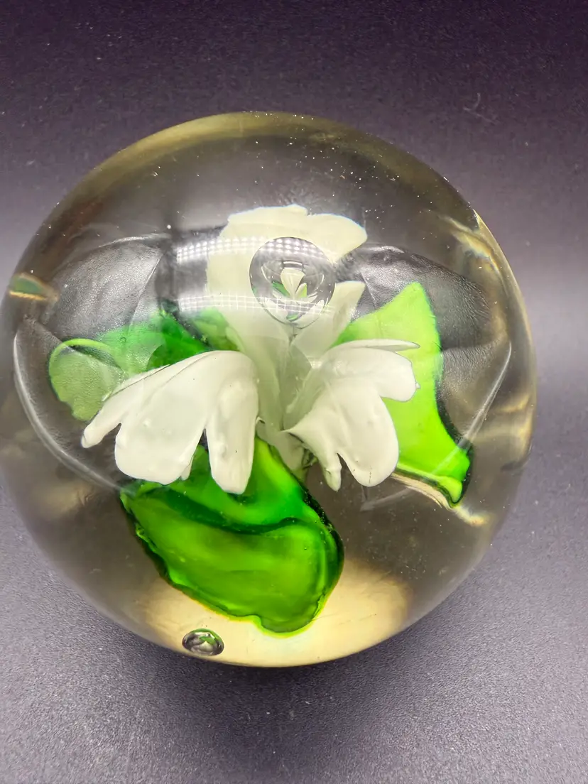 Art Glass White Flower Paperweight