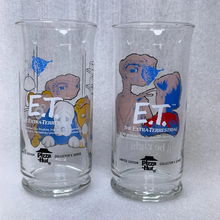 2x 1982 ET The Extra-Terrestrial Drinking Glass Cup Pizza Hut Limited Edition